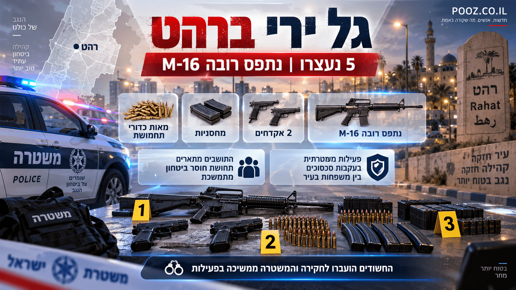 אינפוגרפיקה חדשותית בעברית על גל ירי ברהט, עם ניידת משטרה, רקע עירוני, מפה של מיקום רהט ותצוגה של אמצעי לחימה שנתפסו — רובה M-16, שני אקדחים, מחסניות ומאות כדורי תחמושת.